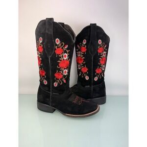 Chaparral Boots Black Suede Floral Embroidered Western Cowboy Boots Sz 6  Mexico